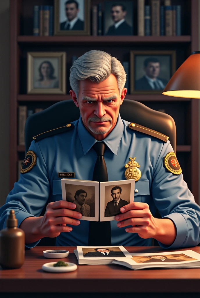 An elderly man dressed as a commander (1.5) with a very shocked expression with his mouth open, and the background is a large combat command with many large screens