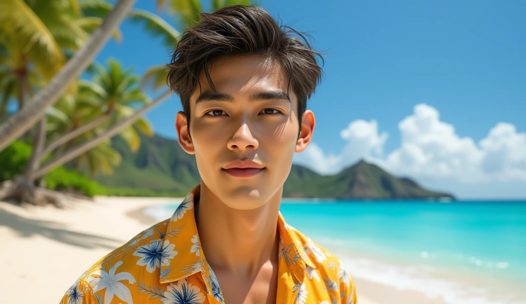 An Araf man stands on the beach with the sunset in the background.., portait photo Profile pictureture, Profile picture, Cleans the wide surface of the face., cute young man, headshot Profile pictureture, handsome man, Handsome and charming, Very charming and beautiful, Close-up of a Southeast Asian man with a round face.., black eyes, staring at the viewer, morning sun, ((face details)), Double eyelids, realistic, Masterpiece, Highest quality, lens flare, shade, [[Chromatic aberration, digital painting, 8K, 45,000,000,000 pixels,, t-shirt, short hair, black eyes,abdominal muscles, The body is beautiful and strong..,, (digital painting, HDR, high contrast
