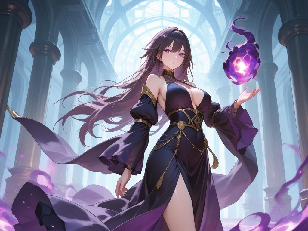 anime, 1girl, solo, large breasts, purple clothes, greek clothes, hanfu, detailed pattern, detailed clothing, bare shoulder, thighs, purple hair, shining eyes, eyes shadow, lip, purple flames cowboy shot, perfact female figure, standing, detailed background, starry sky