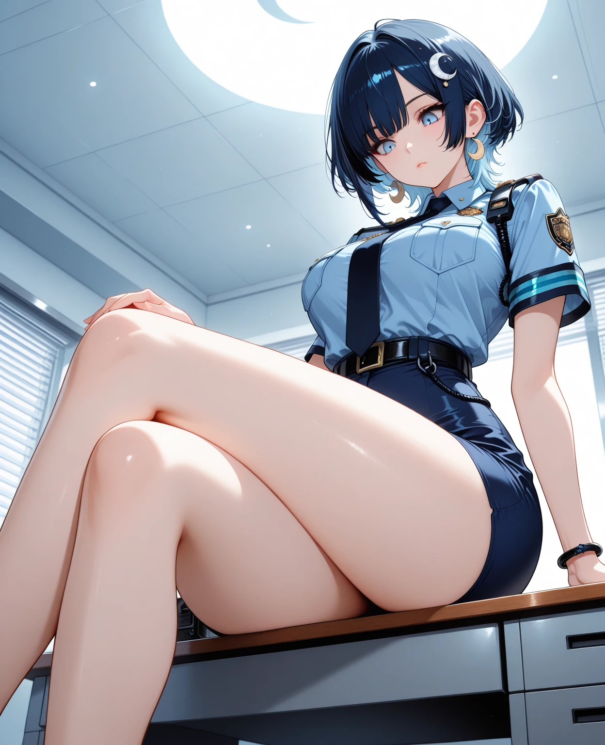 1girl, policewoman,police,Miniskirt Police, panties,skirtlift,((upskirt)),((pantyshot)),(pink panty),((Small panties)),((Thin panties)),(((See-through panties))),(((black pantyhose))),white race panty, ,Are crying,Anguished expression、Embarrassed look,8k,Realistic、Anime illustration,CG、masterpiece, best quality, 1 girl, solo, large breasts, , panties under black pantyhose, (show off panties:1.1), embarrassed, spread legs, sitting、Falling and spreading his legs、Blue Hair、short hair