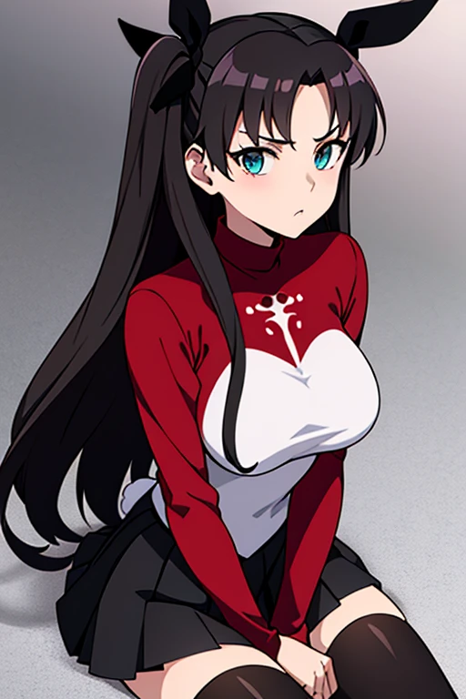 masterpiece, best quality, very aesthetic, absurdres, 1girl, mature_lady, ,,tohsaka_rin, fate/stay_night, fate_(series), 1girl, aqua_eyes, black_hair, two_side_up, long_hair,black hair_ribbon, cross_print,red_sweater,turtleneck_sweater, black_skirt, miniskirt, pleated_skirt, black_thighhighs,zettai_ryouiki,,,in heaven,floating_hair,pussy_hair