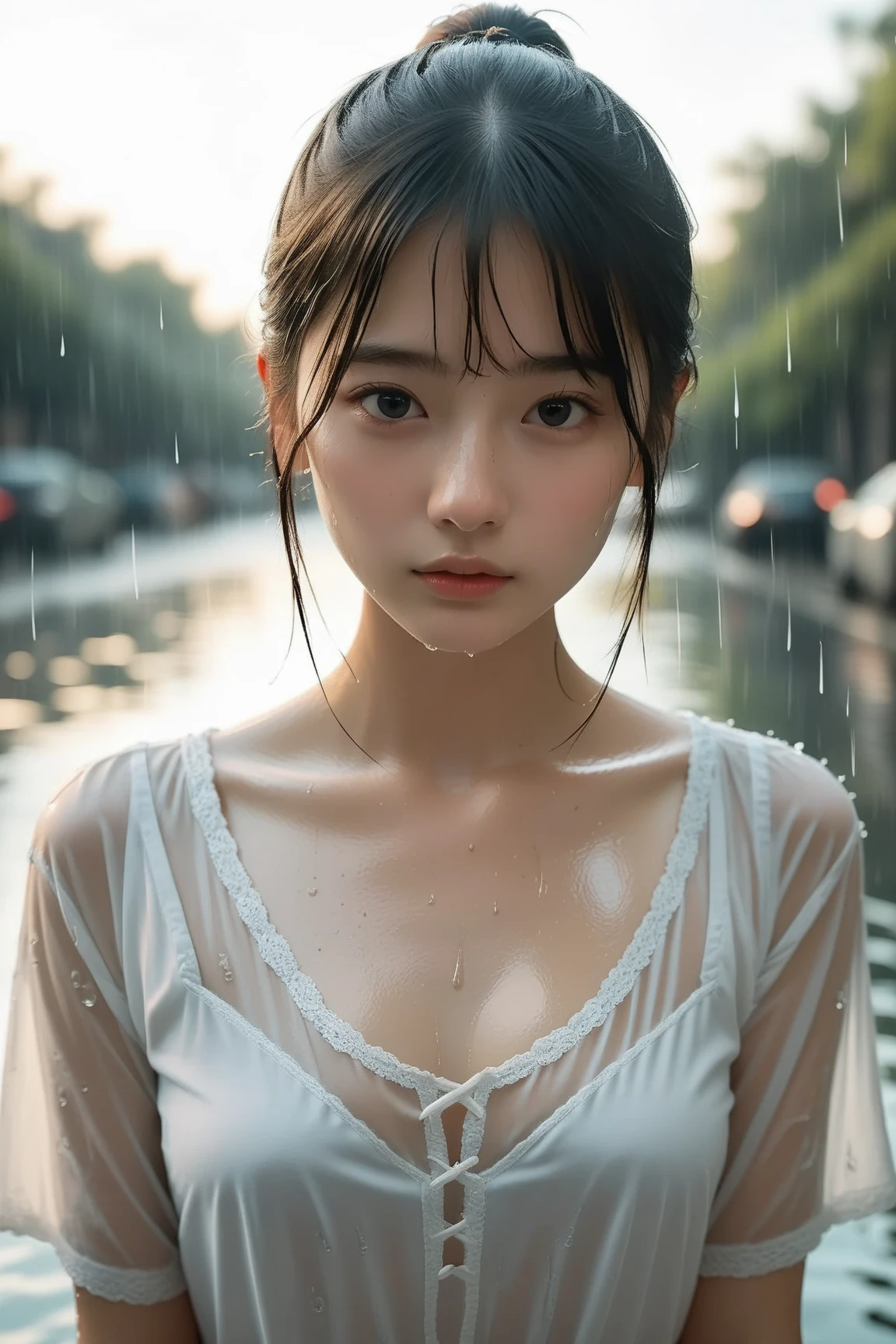 Best picture quality, masterpiece, ultra high resolution, (fidelity :1.4), photo, 1 girl,[(sadness)],white shirt, Dim, dark, desperate, pitying, pitiful, cinematic,tear,teardrop,(Torn clothes:1.5), (Wet clothes:1.4), bare shoulders,Real rain,wet hair,..