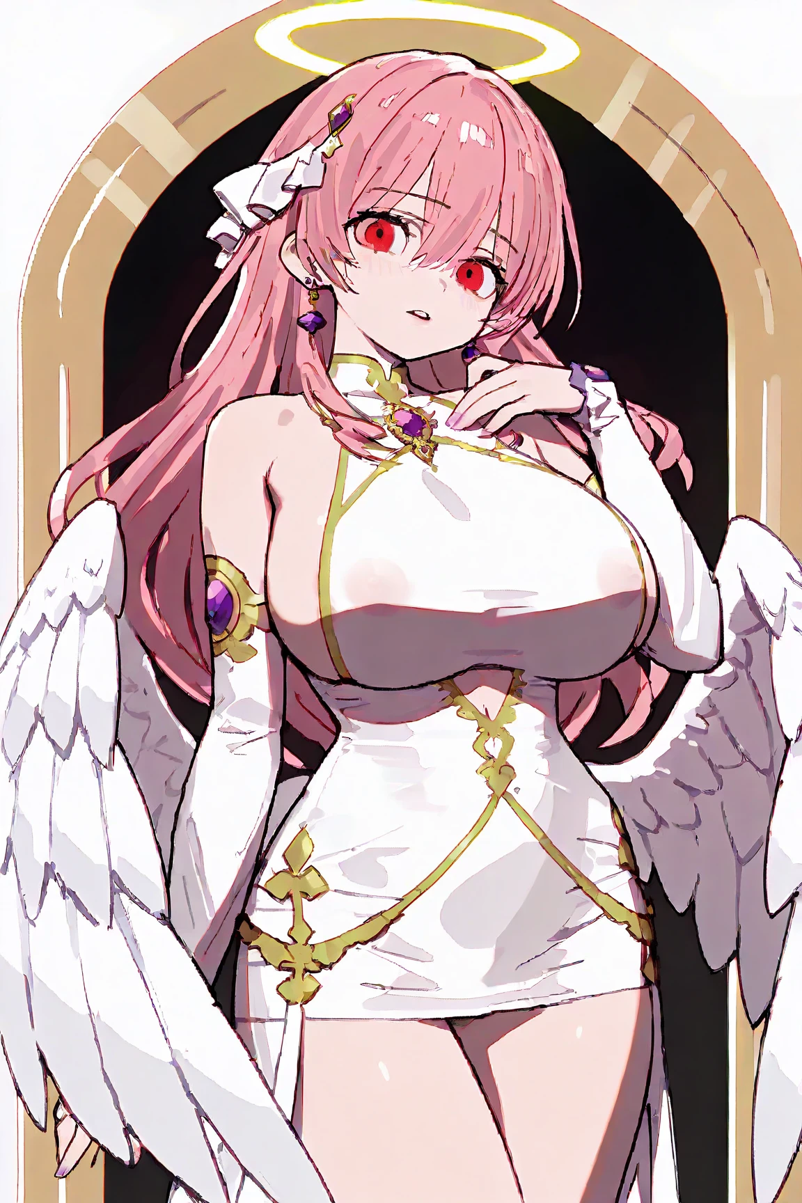(masterpiece, best quality:1.4), gabriel, solo, huge breasts, mechanical halo, long hair, pink hair, red eyes, evil smile, angel wings, gold frame white dress, long dress, strapless dress,