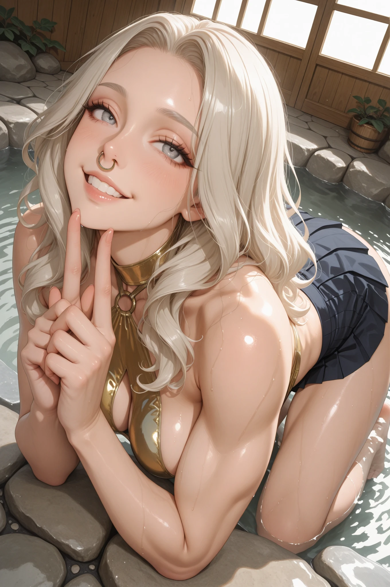 (masterpiece, best quality:1.2),((photoreal:1.1)),perfect anatomy,((solo:1.5)), ((alone)),((1 middle age woman:1.5)),perfect eyes,Hibana,((looking at viewer:1.4)),((horizontal angle)),((straight-on:1.4)),((view from front:1.4)),lighting from front,lighting to face,((small breasts)),(sagging small breasts:1.3),((Piutuary small breasts:1.3)),(muscular:1.3),(plump),((do not hide your crotch:1.4)),(cod lips),((squatting:1.3)),((spreading your legs wide:1.3)),(holding your head high),((hands on your hip bone:1.4)),delicate and beautiful,(silver hair:1.3),long hair,dark skin,((bare arms)),((bare legs:1.4)),((gold bikini:1.2)),high heel