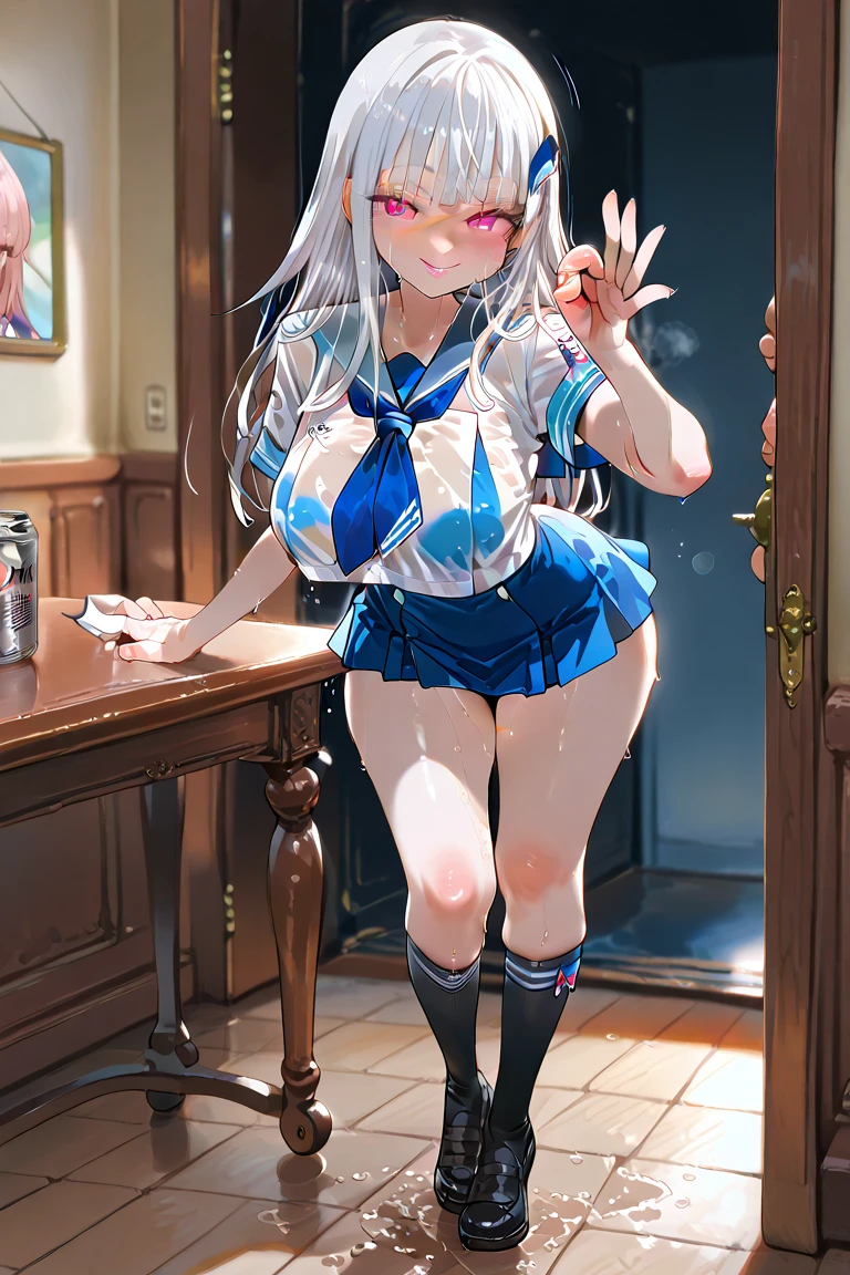 {{beautiful}}, amazing, (best quality:1.5), (masterpiece:1.5), extremely delicate and beautiful, intricate details, finely detailed, extremely detailed, beautifully detailed, ultra-detailed, (hyperdetailed:1.5), high resolution, (illustration), watercolor pencil, Clear line drawing, (ufotable style:1.1), (ufotable screen cap:1.1), anime coloring, anime screencap, (latest picture), backlighting, dynamic angle, glow, depth of field, {{body satisfaction}}, (body with a good balance of style:1.5), (slender figure:1.5), perfect body, perfect hands, perfect feet, (two arms:1.2), (two legs:1.2), (five fingers each:1.2), (perfect joint:1.2), perfect joint movement, beautiful detailed eyes, (detailed eyes:1.5), finely detailed eyes, perfect anatomy, full dissection, perfect composition, correct limbs, balance and coordination in all things, realistic:0.5, precise fingers and hands, (finely drawn hair:1.5), {{morgan le fay (\fate\)}}, fate grand order, long hair, braid, bangs, white hair, ponytail, blue eyes, medium breasts, small-sized buttocks, {{Bedroom}}, indoors, {{white collared shirt}}, (white long-sleeved collared shirt:1.5), (unbutton the top button of the shirt:1.5), breast tent, (white panties:1.5), bare legs, {{blush}}, shy, (sweat:1.5), (teary eyes:1.7), (ecstasy:1.5), gasping face, (ecstasy face), (white liquid drips between her legs and down her thighs:1.5), (spread one's legs:1.3), (solo:1.5), self-love, self fondle, 1girl, (standing:1.8), (doggy style), (forward-bent posture), lean forward, (put one's hands on the wall:1.5), (View from the side:1.5),