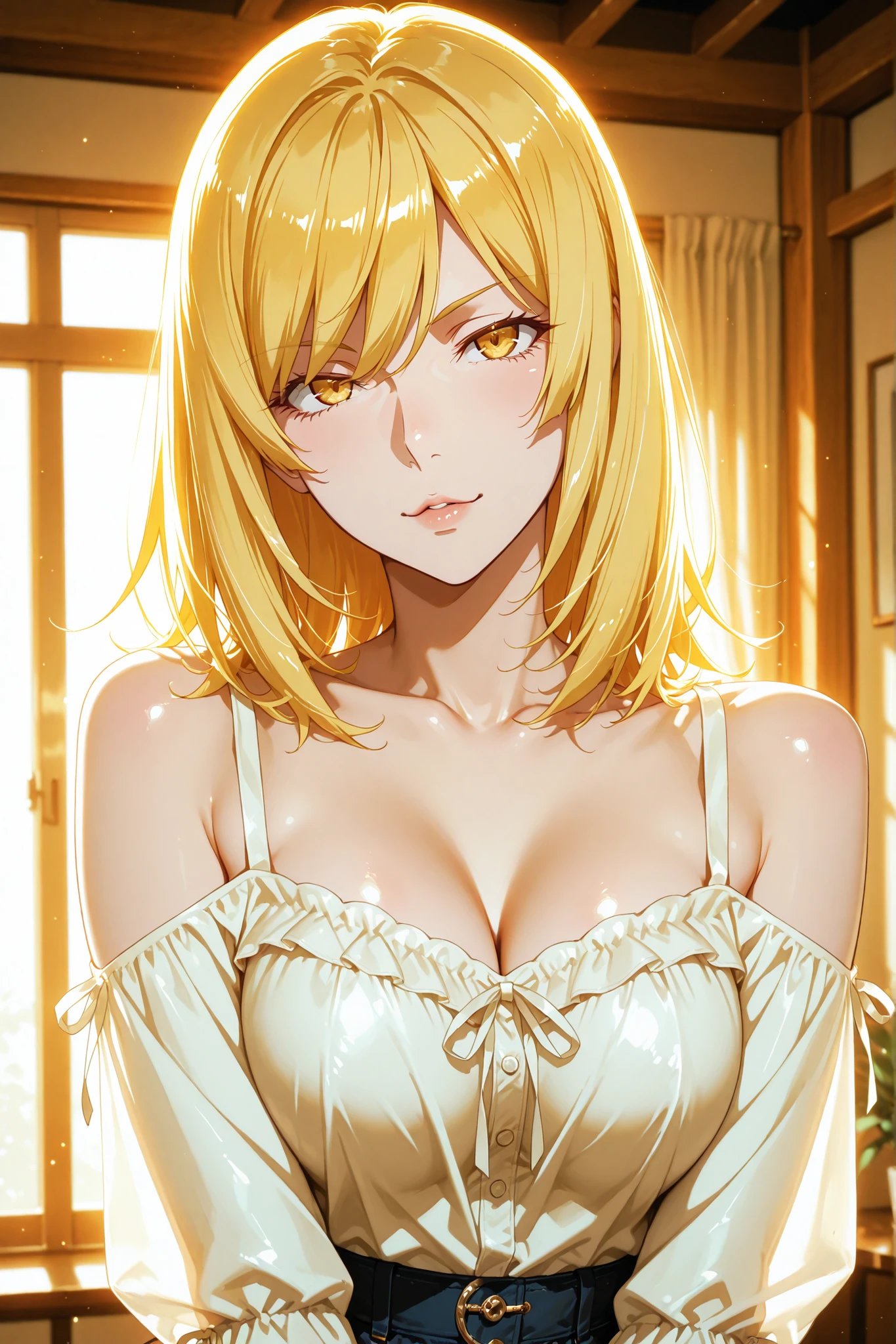 "Masterpiece, top-notch quality, stunningly high resolution,
1 woman, standing alone, arms raised, ample bosom, reaching towards the ceiling." Monochrome, yellow eyes, yellow hair
