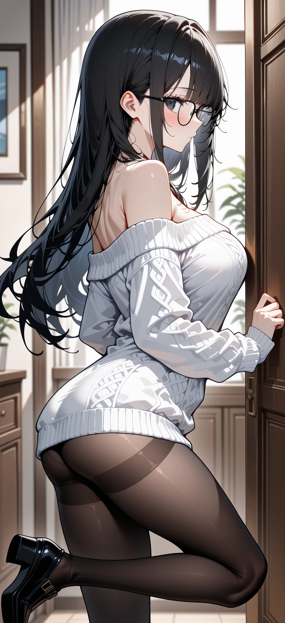 looking side, (masterpiece, Highest quality:1.2)、nsfw, Mature Woman、40 years old、Black long hair、wrinkle、White tight sweater、Flesh-colored jacket、White short skirt、room