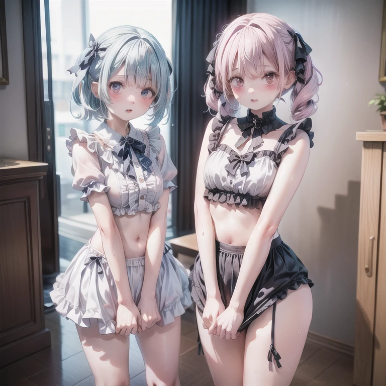 (obra prima) (perfection) (ultrarrealista) (sem defeitos) duas meninas de anime, uma menina com roupas futuristas e outra menina com roupas normais, se olhando