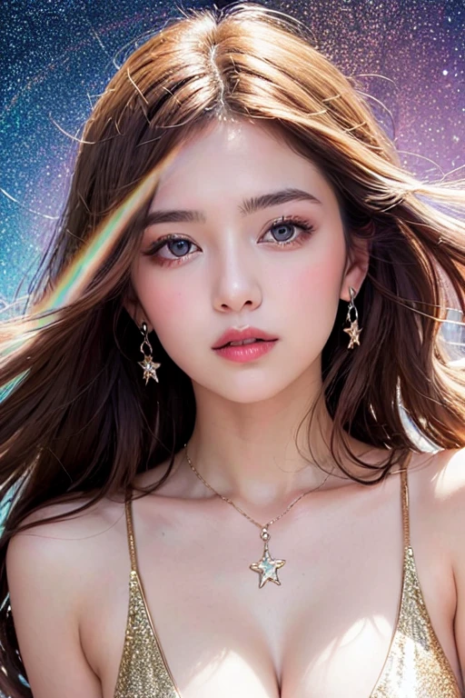 masterpiece, Highest quality, masterpiece, God-like quality, Godly art, Highly detailed face,, whole body,, Very realistic, cute, Young girl, Big eyes,Shining, mysterious eyes that store light, Long eyelashes, Multicolored Hair, Variegated eyes, Soft skin texture,Glowing Skin, Fuller lips, Big Lips, Glowing Skin, blush, Nice views, Starry sky background, performer, Dazzling Light, Versatile light, Maid clothes