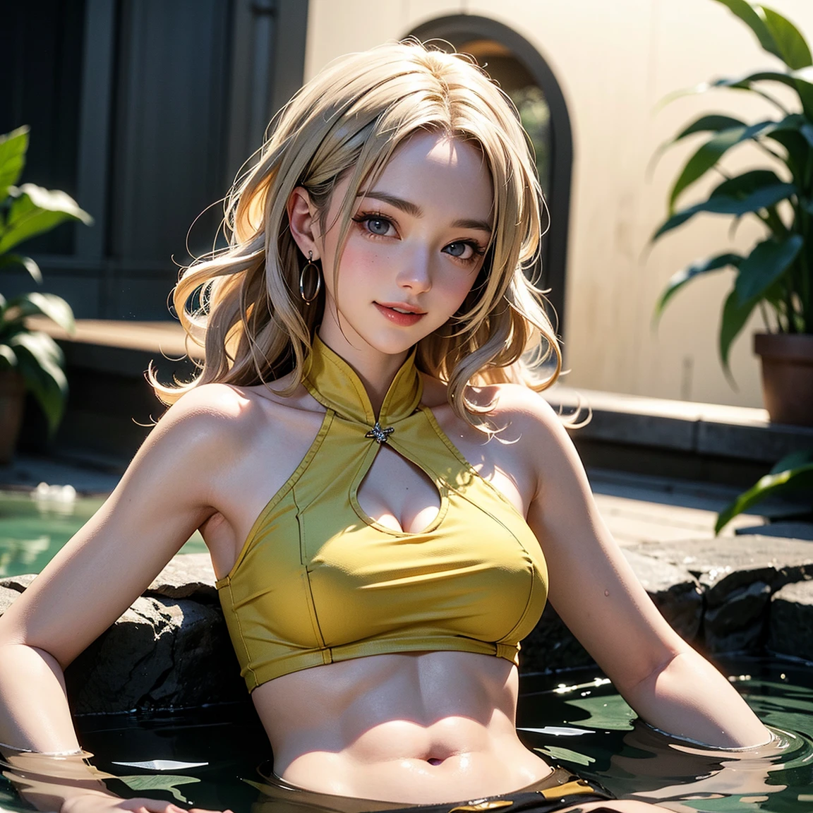 Ultra-detailed complex 3D rendering of faces、(​masterpiece、top-quality、octan render、)、Glamour shot full body image、Very beautiful young elf、 cleavage of the breast、(highlydetailed skin:1.2)、(Pubic hair shows through:1.1)、(((Gold Micro Bikini:1.95))))。、８K、((Very soft breasts))、((noticeable large pink areola))、Beautiful Caucasian woman with big buttocks full soft breasts and white skin、1 persons、Long braided hair、huge-breasted、dynamic ungle,((Jewel magic wand with details in hand)) 、hyper realistic photography、(((a blond)))、futuristic city backdrop、face muscles、(((Detailed and ornate gold crown))))、In the style of Marvel Comics、 ArtStation Trends, Clear focus, intricate detailes, ighly detailed, Detailed green eyes, foco nítido, a digital rendering, proffesional、abdominals、glowy skin、sexypose、Golden tattoos all over the body、Silver pattern all over the body、Silver glitter skin、Golden lame skin、Mansuji、s ass、（Jewel the whole body、It has silver scales）、a blond、Seductive look、