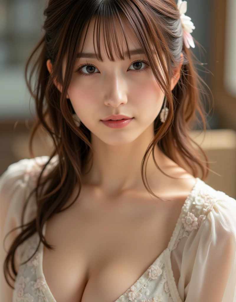 Best Quality, High Resolution, 8K Wallpaper, Beautiful Eyes, Natural Lips, Masterpiece, Super Hi-Res, (Real:1.5) RAW image, One Woman, Off Shoulder, Japanese Oiran, Decollete, Full Length, Dark Kimono