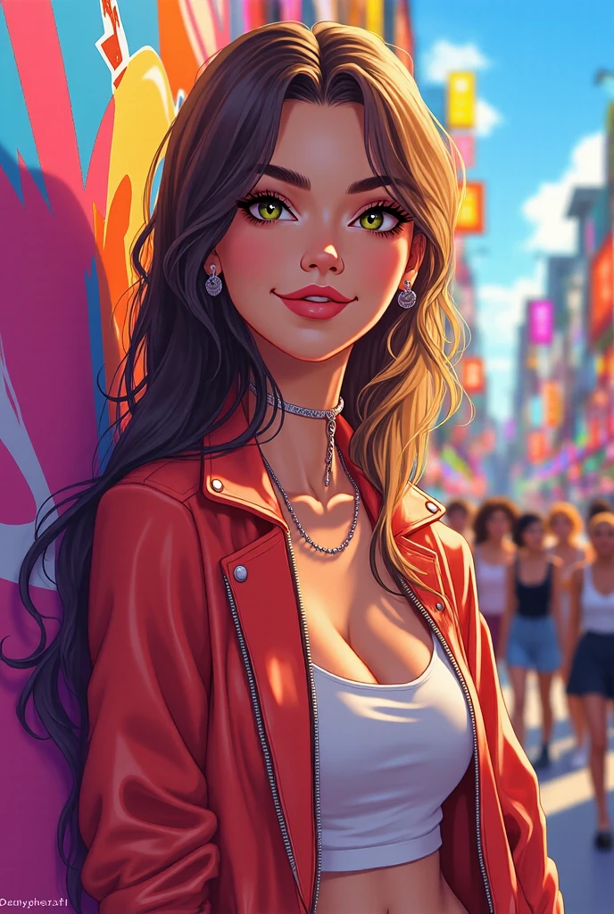 Believe 3d poster Disney Pixar style capturing a scene of a woman, Long black hair with iPhone 13 wearing La Mafia Rosa label clothing 