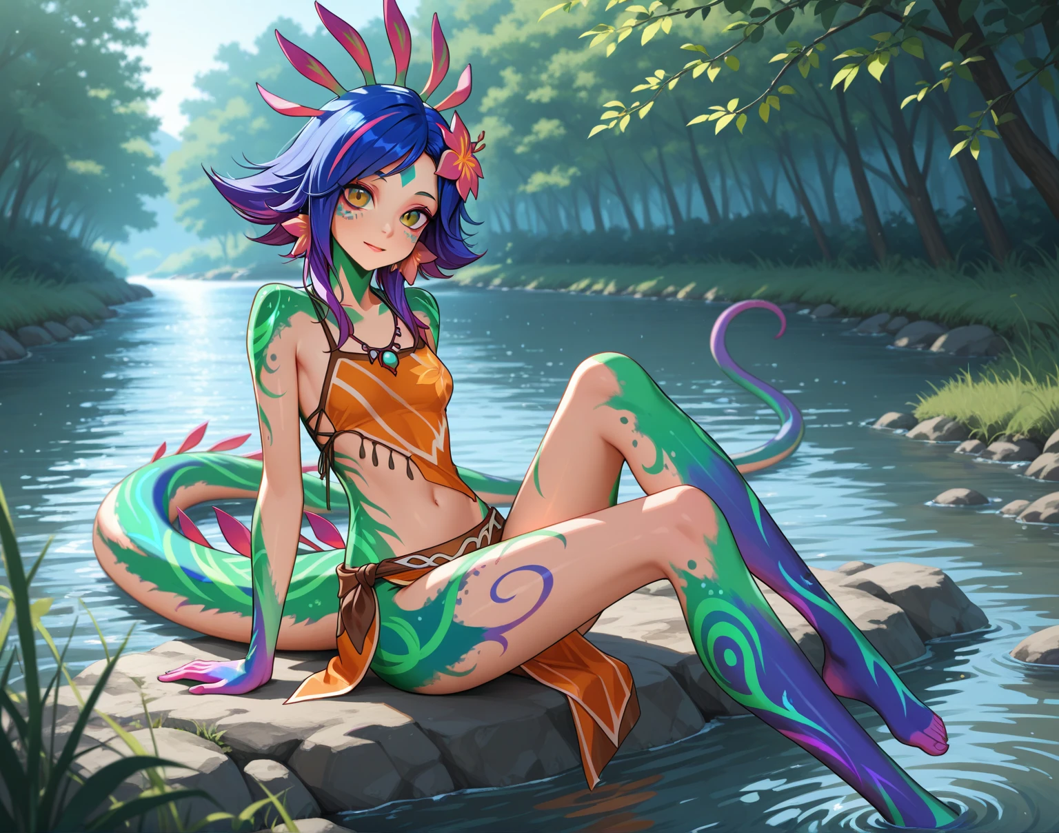 masterpiece,(best quality,top quality,8k),ultra detailed,illustration,painting,detailed eyes and face,anime style,(1girl),neeko, multicolored hair, colored skin,(short hair), facial mark, forehead mark, hair ornament, hair flower, necklace, brown crop top, Lizard tail,sleeping,(looking at viewer),(puffy eyes) ,good contrast , high sharpness,(gorgeous),RAW Photography,(hyperdetailed),jungle,forest,river