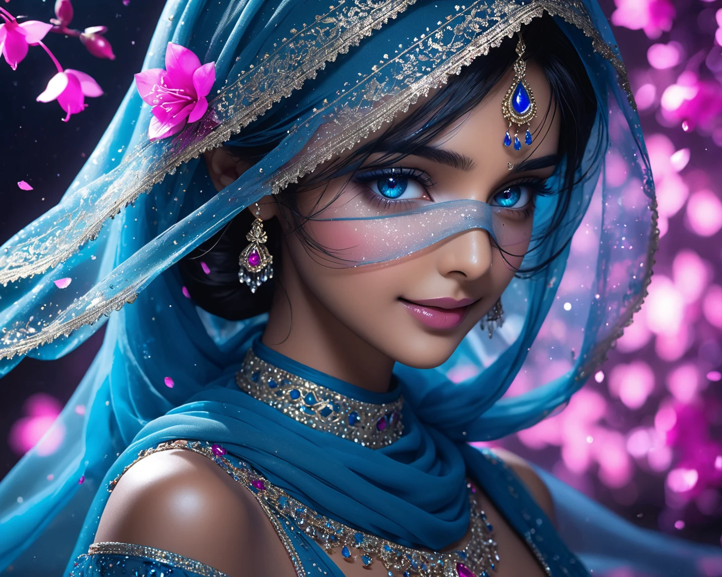 A persian girl on her 25 dressed with persian lght blue dress, black hair, black eyes, tanned skin, beautiful detailed eyes,big breast, round hips, she is looking in camera, beautiful detailed lips,extremely detailed eyes and face,longeyelashes,girl,portrait,illustration,highres,realistic,bokeh,soft lighting,warm color tones,fantasy garden,flowers,flowing dress,magical atmosphere,peaceful ambiance