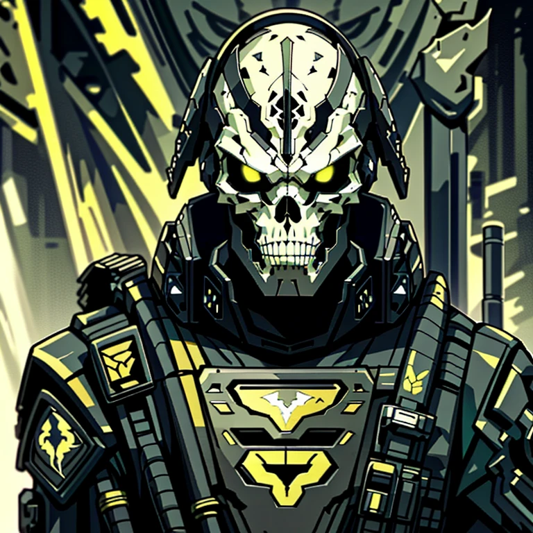 yellow and black, skull face medieval knight, in the style of Mork Borg, strong contrast, grunge dirty punk splash art, zine black metal, forest color splash background