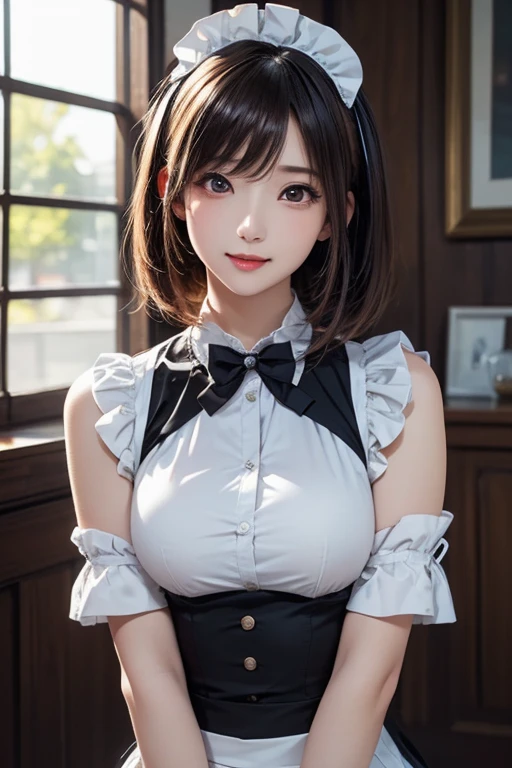 One Girl, 1 person,Highest quality,High resolution,超High resolution,8k,Realistic,Upper Body,encounter_audience,Large Breasts, (Slim Body:1.2),(Maid:1.2),