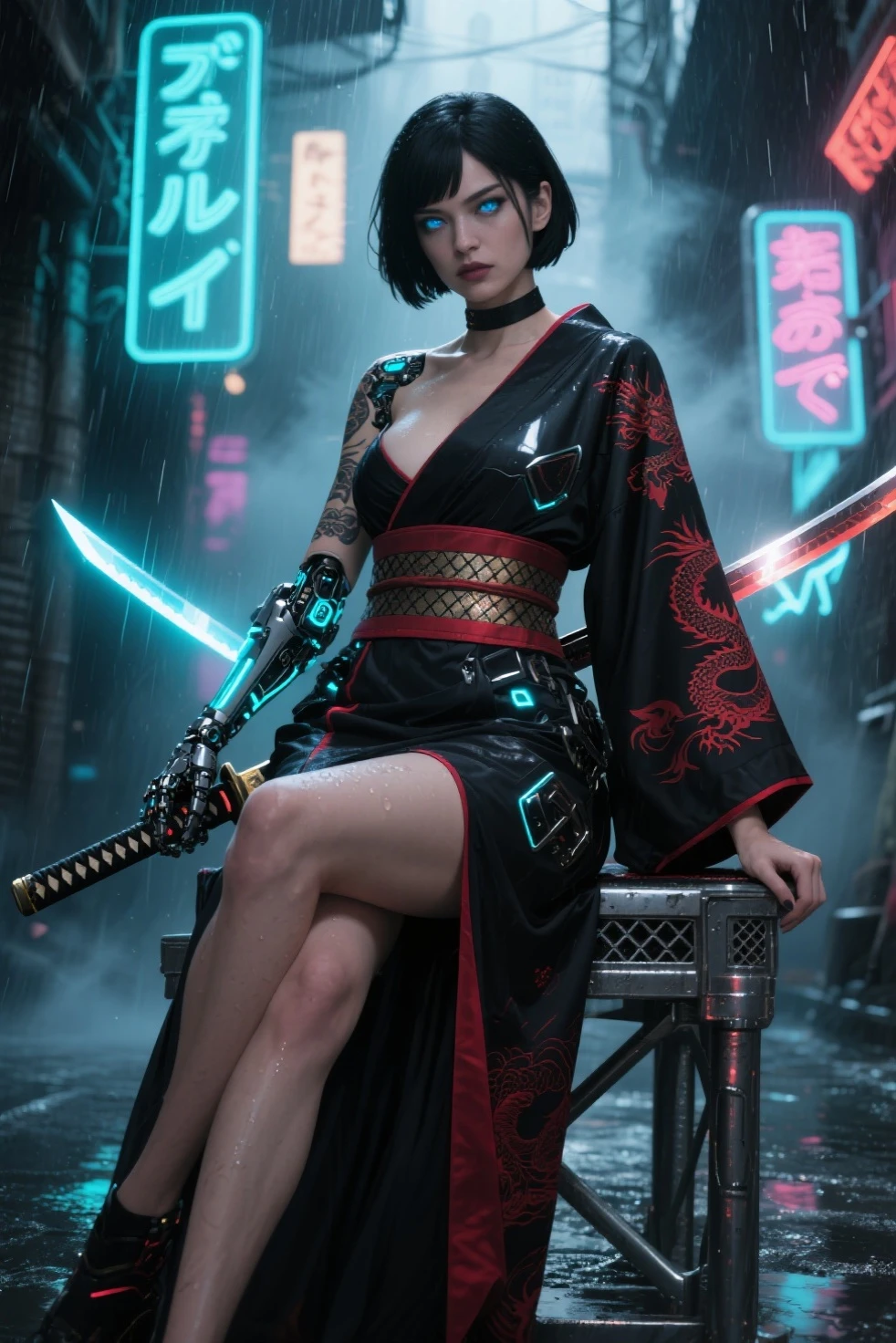girl sexy ninja shinobi cyberpunk robot cyborg .big thighs.Wallking street 
two samurais walking down a street at night, yasuke.Ninja wearing conical hat. shinobi Cyborg. Red eyes, devil mask, rain. Dark night. Equipped with Sword on back. Katana on back. Robot. gears. screws. lights. wires on back. Arresting monsters in alleys.real. tokyo. big thighs. UE5 CGI