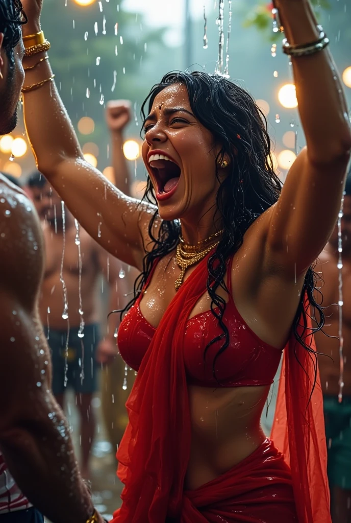 ((best quality)), ((masterpiece)), ((detailed body)), ((detailed hands)), ((highest resolution)), a twenty one year old very beautiful naked Arab girl, very sweaty, thick hairy armpits, thick hairy pussy, totally naked, full body, sixpack abs, raising her hands high, she is not wearing any clothes, she is being surrounded by several men, she is being touched by several men, she is being kissed by some men, at a wild party