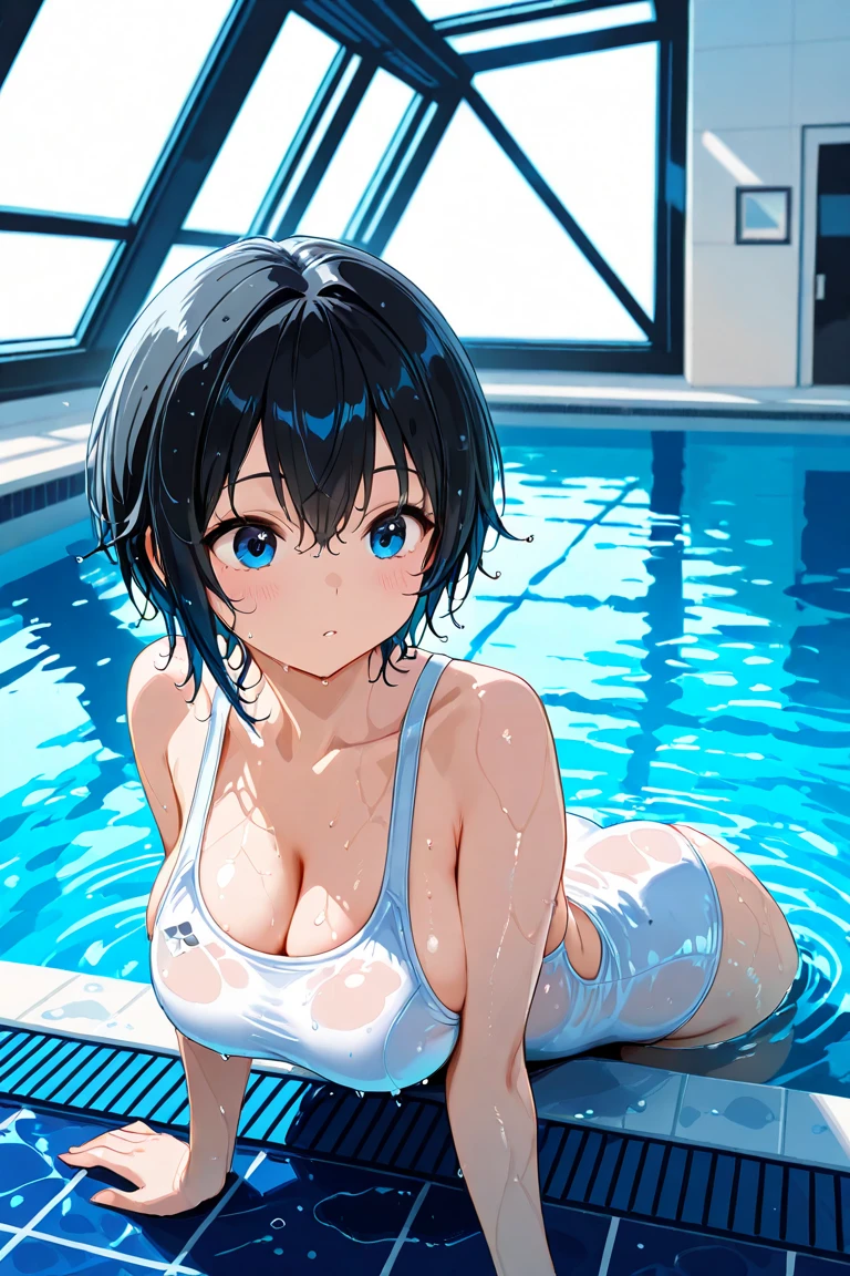 In 8K、Ultra HD、Best Quality、Top quality、Extremely detailed image quality、Realistic woman、Composition from head to leg、One Woman、(A big smile、Laughing with your mouth open:1.2)、Japanese、Peaceful face、(10 year old girl:1.6)、Married Woman、Beautiful eyes、Beautiful hands、belly button、Black Hair、Short Hair、(Incredibly big 、Cleavage:1.4)、(Metallic Bikini:1.4)、Heated Pool、Indoor swimming pool、I&#39;m sweating、(Shiny skin、Glowing Skin、High gloss skin:1.4)、