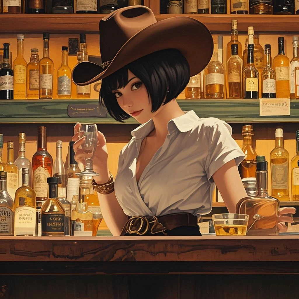 woman with short curly hair in cowboy outfit sitting at bar with beer, cowgirl, western cowgirl, cowgirl, female cowgirl, western clothing, cowboy style, western hall theme, saturday night in a saloon, dressed as a western sheriff, oldwest, wearing cowboy hat, wearing a cowboy hat, oldwest, female sheriff, in the oldwest, Wild West, western art, blunt bangs, hair behind ear, snowflake hair ornament, drunk, parted lips, smiley, reflection light, bloom, drop shadow, Fujicolor, motion lines, masterpiece, 16K