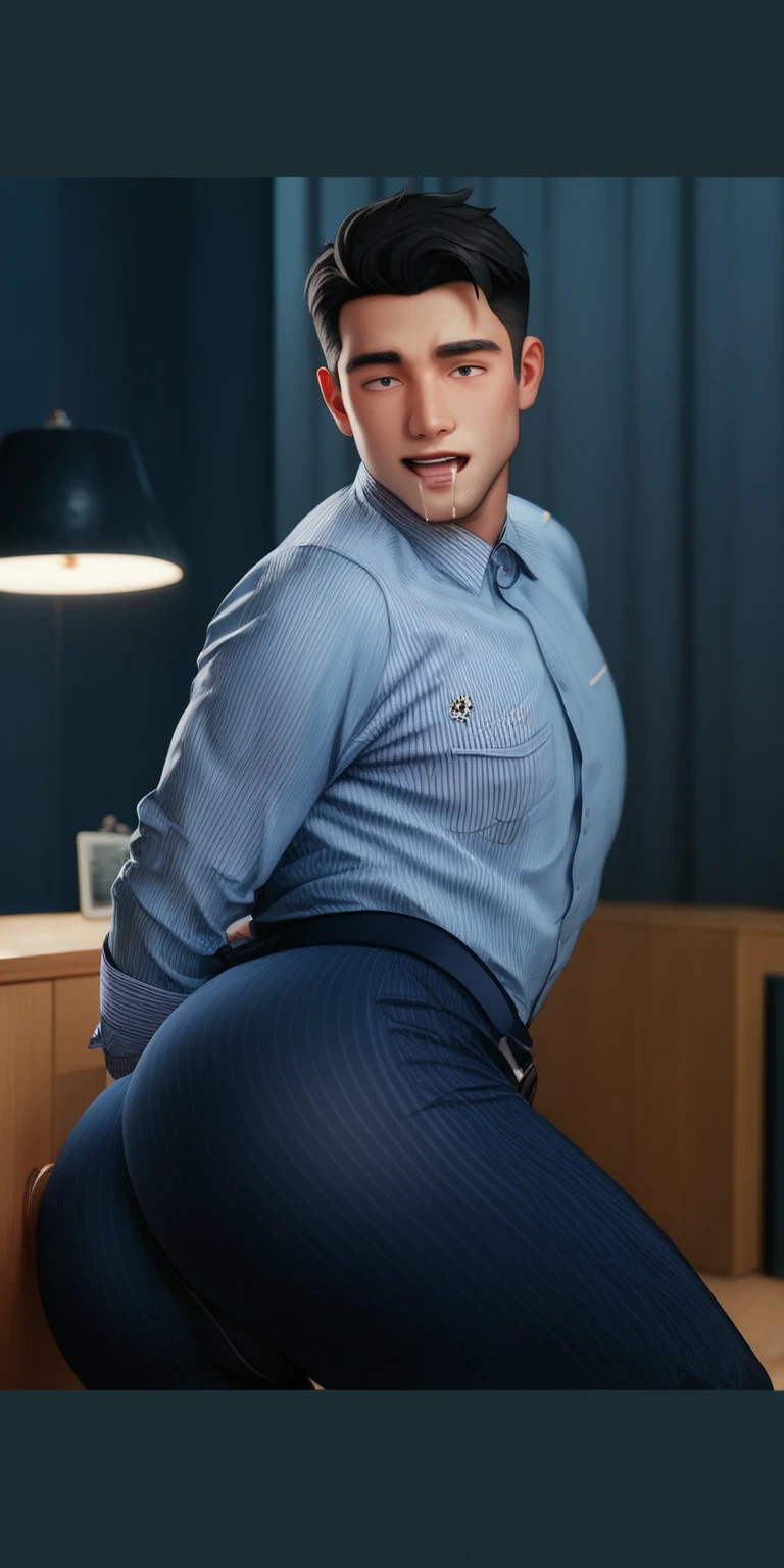 K-pop(Tied with rope) (ware suit pant tie) Muses Erato, perfect penis perfect dick Perfect (big cock cum sperm) (masturbation) Handsome man, black-haired, hair falls on your face, Mesmerizing brown eyes, laying on bed back view spreading legs, round butt, cum ,
