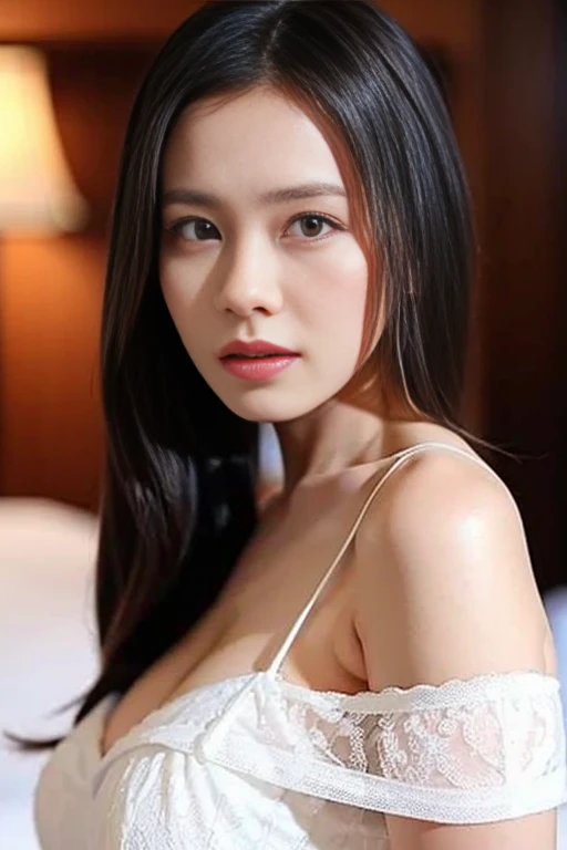 , (Mature body), Solitary,Long gray hair,black hair color, Off-shoulder, black eyes,1 Sister,A sexy pose,best quality,masterpiece,light,Extremely exquisite and beautiful,CG,Unite,8k wallpaper,Astonishing,detailed,masterpiece,Official Art,The content is very detailed Cg Unite 8k wallpaper,Extremely ridiculous,Huge file size,ultra - detailed,high resolution,The content is very detailed,Beautiful and delicate girl,Practical,full,Hotel Room,Light Contrast, Lopez, fully body photo, full, White under underwear