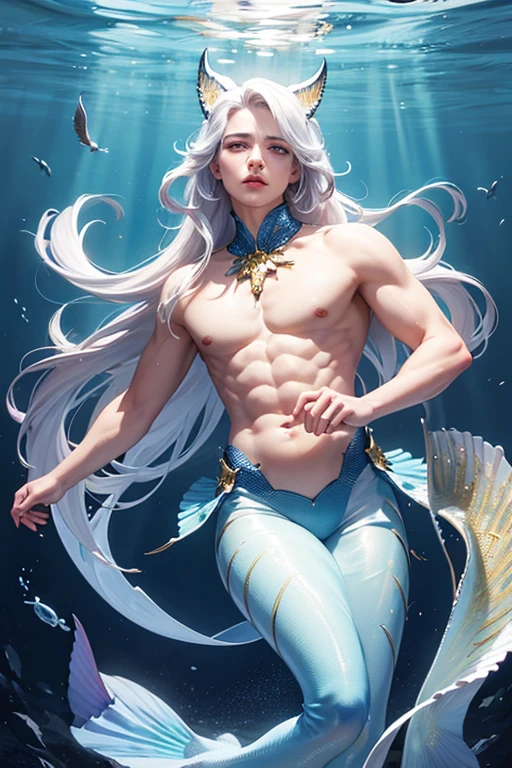 1 male, underwater, soft body, pretty looking man, slim waist, small, lean body, undersea, with many coral tentacles and vines, male (mermaid), transparent jellyfish (purple), mermaid tail, naked, breasts, pearl necklace, bracelet, small diamond belt, light pink, dolphin, good quality, good light, bubbles, gray hair, light purple eyes, long hair, long wavy hair,