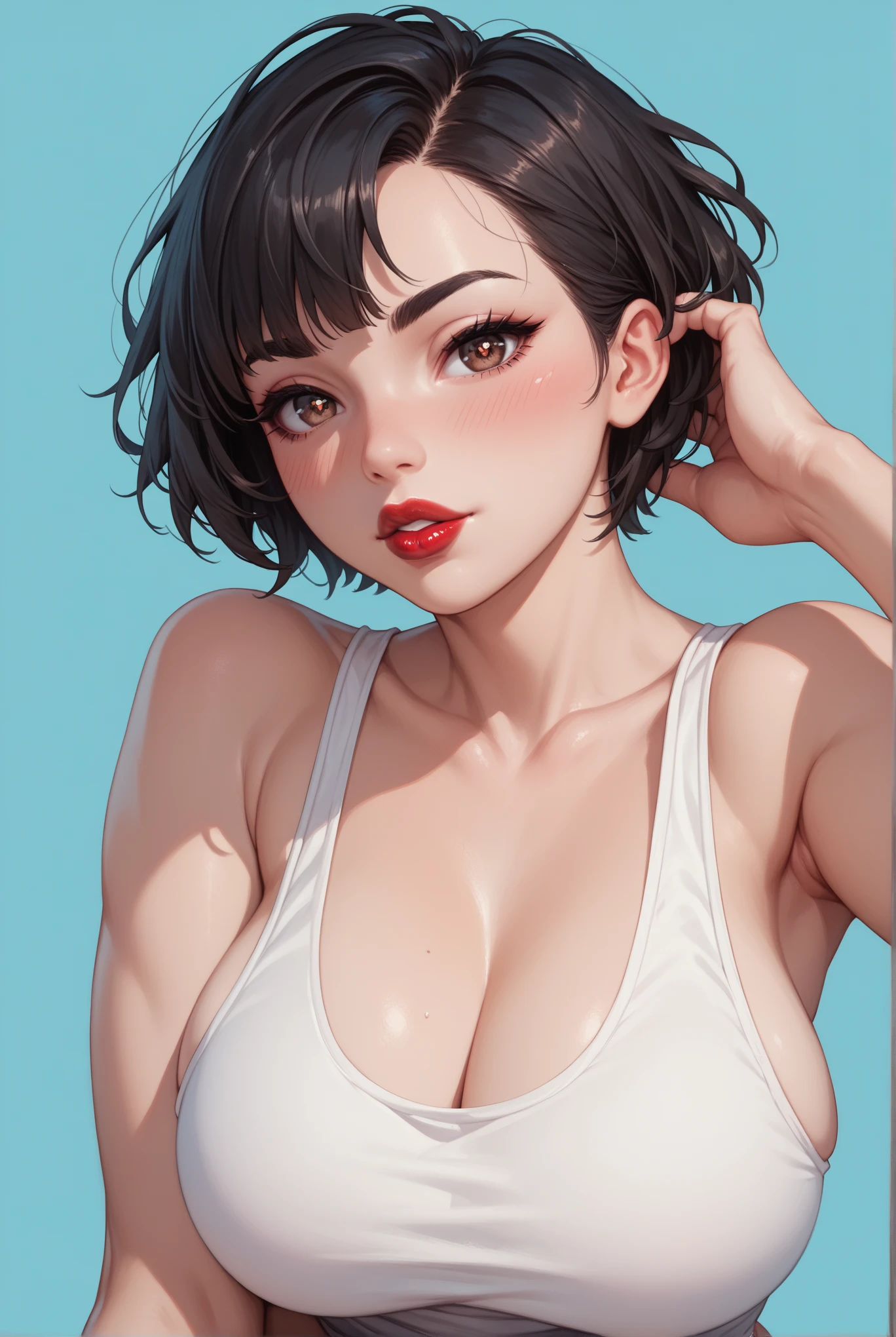 masterpiece, absurdres, (masterpiece), best quality, expressive smile, perfect face, short hair, black hair, fleshy mouth lips, freckles on face, white tank top, black jacket over tank top, close up, portrait, pale-skinned female, large breasts, cleavage, looking at the viewer, (masterpiece), best quality, expressive eyes, perfect face, ((correct anatomy)), ultra detail, 8k wallpaper, detailed character design, ultra-high resolution, perfectly composed, clear, rating_questionable, (detailed lighting), huge breasts, gorgeous girl, stylish girl, bra strap, milf, mature female, naughty smile