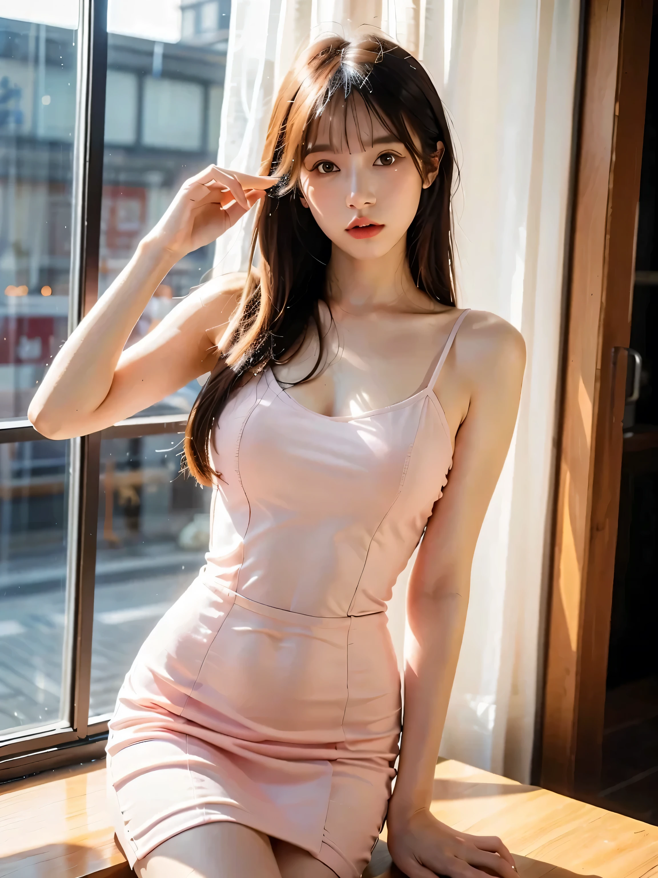 1girl in,Sitting on a cozy sofa,cross one's legs,Soft light,Chinese beauty, pink dress,A dark-haired,length hair