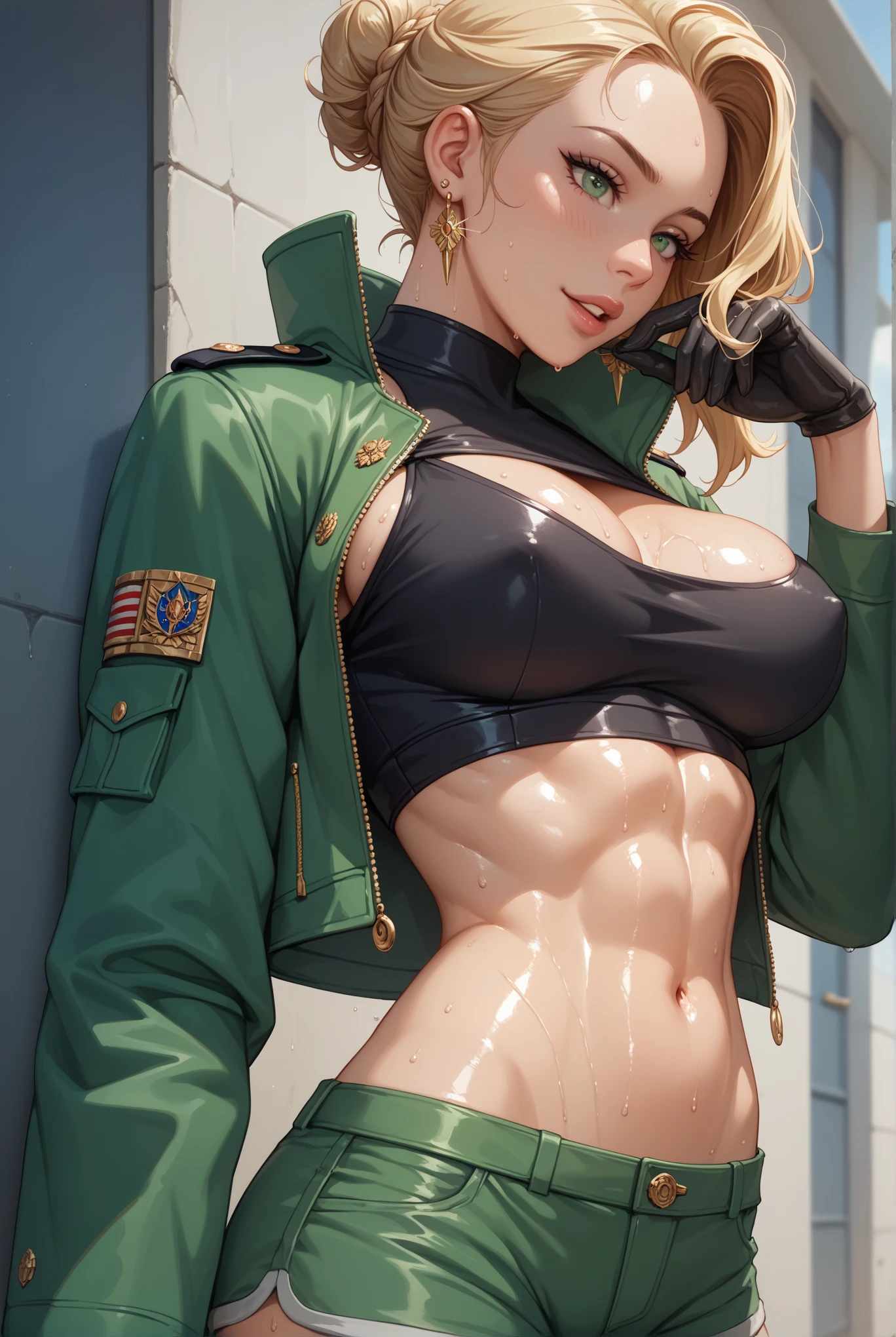 Illustration of a blonde girl, who wears a brown pilot's uniform from the 70s television series Battlestar Galactica. muscular with large nipples .Hairestyle-Undercut. She has a very large cameltoe. A lot of white mucus on the chest. keine kopfbedeckung. kein Hut. big clevage. small boobs.