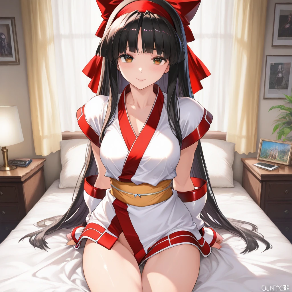 A woman with big ,Black long hair,twintails,Exquisite,(((transparent))),Red ribbon,sleeveless,Loose collar,Protruding lower chest,Slim waist,pubic,blush,bedroom,Lying down,
