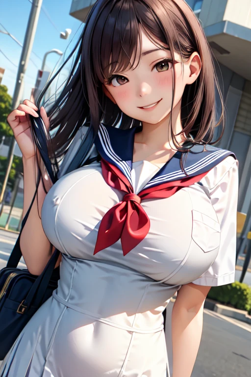masterpiece, ultra-detailed, best quality, extremely detailed, 4k, 8k, ultra-high res, photo-realistic, 1girl, 17yo, beautiful girl, detailed face, face focus, clear-cut beauty, cute eyes, deep detailed eyes, (shiny light blue beautiful eyes with reflections), inviting smile, (narrowed eyes:1.3), open mouth, ((cute lips)), (blush:1.2), shiny-black hair, long straight floating-hair, serahuku, school sailor uniform, (pleated mini skirt), (huge breast), Break, (open sailor shirt), shoot from below, looking at viewer, skirt-lift both hands, up-skirt, skirt flipped, standing, beautiful legs, school stairs,