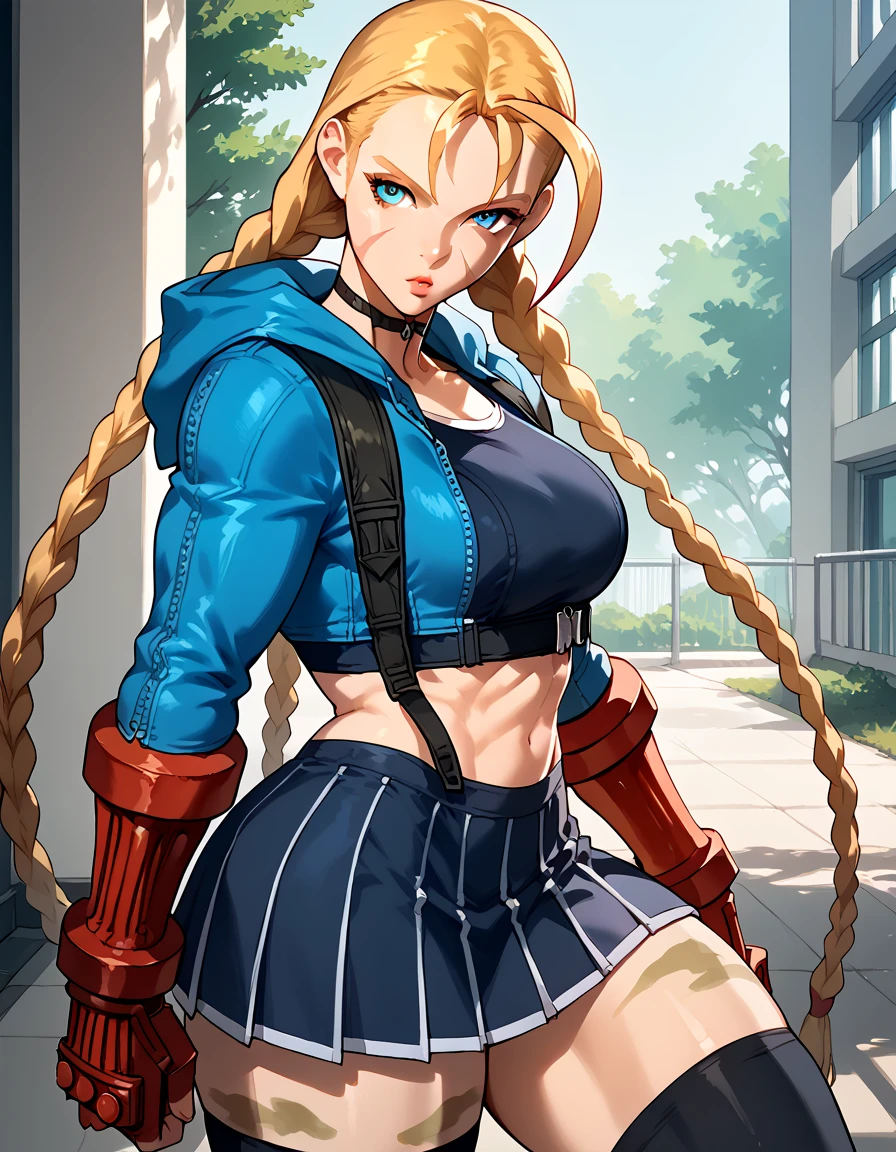 (masterpiece, best quality), intricate details
1girl, mai valentine, long hair, blonde hair, jewelry, purple eyes, earrings, makeup, lipstick, red fingerless gloves, purple jacket, white bustier, purple skirt, black belt, black boots, huge breasts