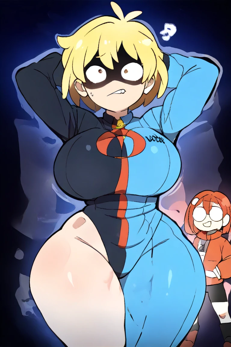 cammy white from street fighter, ((turtleneck leotard, ribbed leotard, long sleeve leotard, blue leotard, highleg leotard, back view, thong leotard, yellow necktie, cameltoe fingerless gloves, red gauntlets, cameltoe)), (( looking at viewer, )), blonde hair, twin braids, (blue garrison cap, brown boots), (thick thighs, wide hips, medium breasts) 1girl, solo, bare legs, (full body, standing, hands on hips), DOLLSUIT