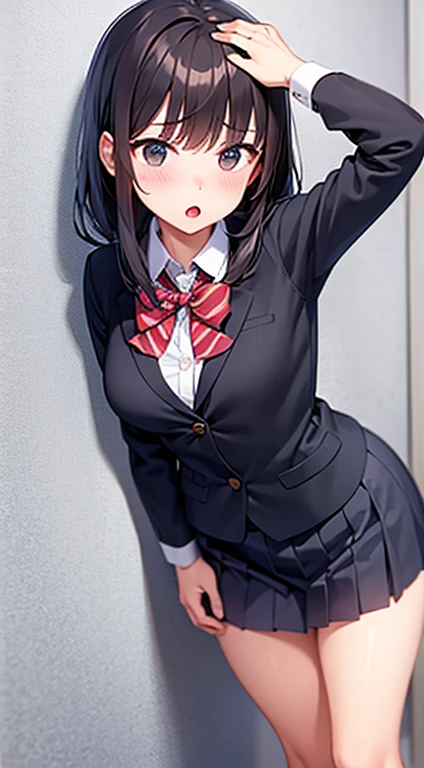 One Woman、One Man、beautiful girl、after school、evening、high school girl、School Nameplate、Blazer uniform、Pleated skirt、Black knee-high socks、Long Hair、In front of the school gate、Highest quality,  Thick thighs、Big 、White panties、Black Hair、Pounding face、A crowd going home from school、In front of the school gateで待つ仕草、A handsome man walks in from the back.、Lean your back against the wall、Holding his chest with both hands、Handsome guy puts his hand on girl&#39;s shoulder