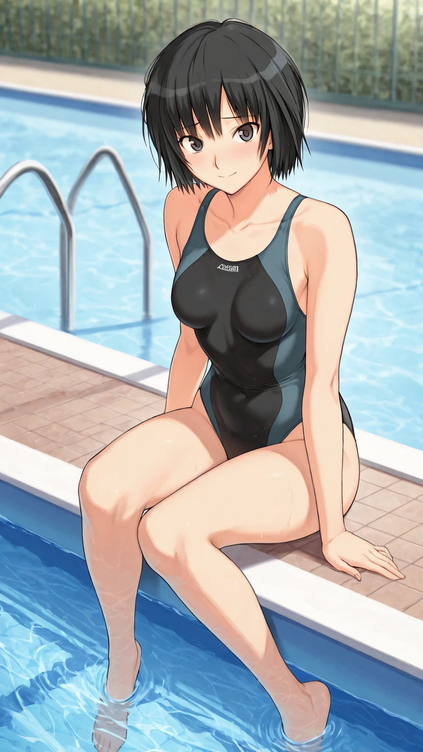 masterpiece, best quality, 1girl, short black hair, twin tail hairstyle, green eyes, school swimsuit, small breasts, happy, in swimming pool, standing in front of viewer, view from back, full body