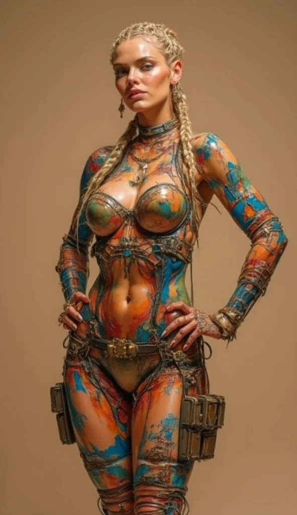 (artistic body painting:1.5), (female model with big hips and toned legs), (elaborate and colorful body paint), (dynamic poses), (abstract patterns), (studio setting), (high definition), (moody lighting), (artistic and expressive), (high quality details)
