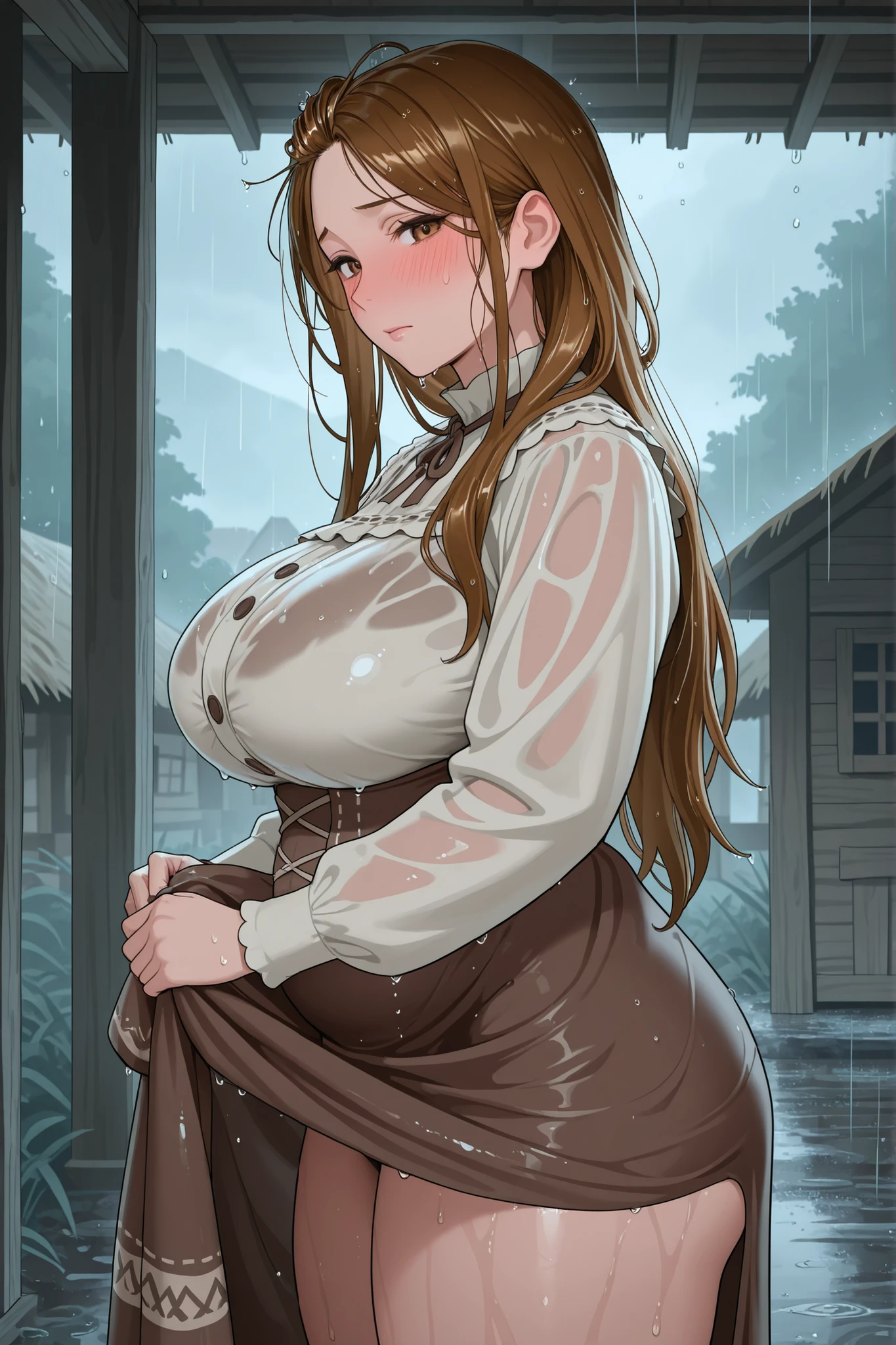 1woman, adult, milf, glance at viewer, blushing, (Potbelly:0.8) , big  , Thick thighs , clothed , village outfit, long-skirt
, rainy , wet long hair , hair dripping wet , (wring out hair) 
, in the village hut
, (visible  bra under clothes:0.5)
, side-view, take shelter