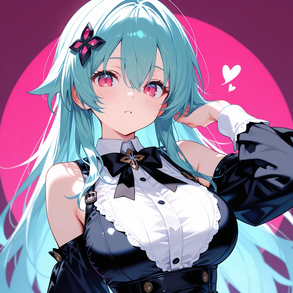 absurdres, blue wolf ears,wolf eyes,1 girl, adult ,milf,over 20 years old,with ice blue hair and red eyes with pink hearts in eyes, official art,pink background, red hearts in background , half body, seductive smile, wearing a black ball gown,blue rose in head as ornamental, heart in eyes, only 1 girl,no wolfs,yandere expressing, large breast , shot heir, messy heir , twin ponytail heir