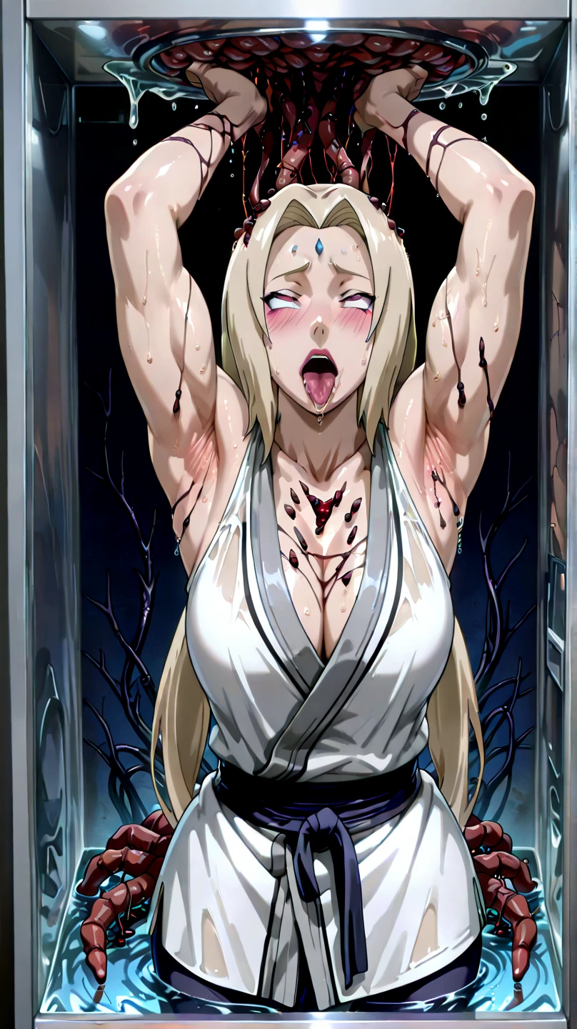 Anime girl with red hair and white shirt holding fists, sakura haruno in slug sage mode, biomechanical oppai, god ray across her face, Sakura Haruno, sakura haruno, oppai, closeup cleavage!!, [ closeup cleavage ]!!, mid closeup, splashes of lightning behind her, Lightning!!, heavy gesture style closeup, bottom angles