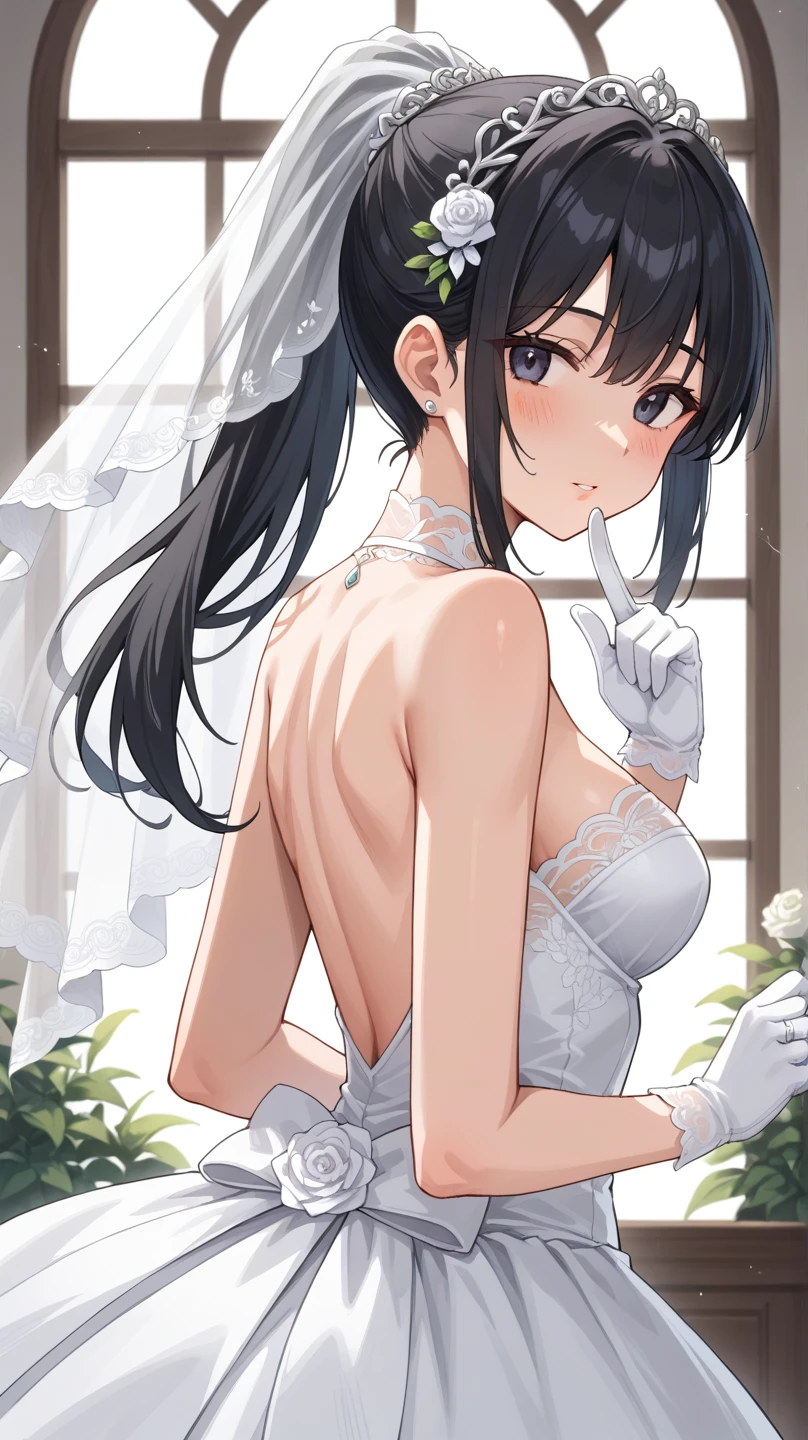 score_9,score_8_up,score_7_up,source_anime,cowboy shot,Idealized Forms,Natural Light,details background,blurry background,extremely detailed,1girl,(aga),hatsushimo(kancolle),brown eyes,(left(white)right(blue))headband,(black)long hair,(low-tied)hair,(black)hair,small breasts,(petite),,real nipple,real areolae,real pussy,((Wedding dress)),intricate pattern,see-through underwear,top less