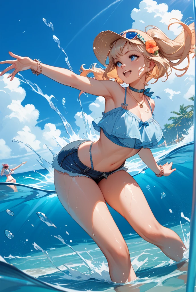 (Highest quality,4K,8k,High resolution,masterpiece:1.2),Very detailed,(Realistic,photoRealistic,photo-Realistic:1.37),Hot,speed,water,null,bikini,Queen,Summer heat,Wet Hair,intense expression,Glowing Skin,Golden sandy beaches,Palm tree,sunset,Bright colors,ripple,speedboat on the horizon,Captivating Gaze,Sunburned skin,Bronze tanned body,Beach-like atmosphere,hilarious pose,Bright sunlight,clean blue null,splashing water droplets,frozen moment, And adventure,Self-confidence and empowerment,Immerse yourself in the joy,Queen of the beach,Stunning beauty,果てしないnull,sparkling water surface,Seamless movement.