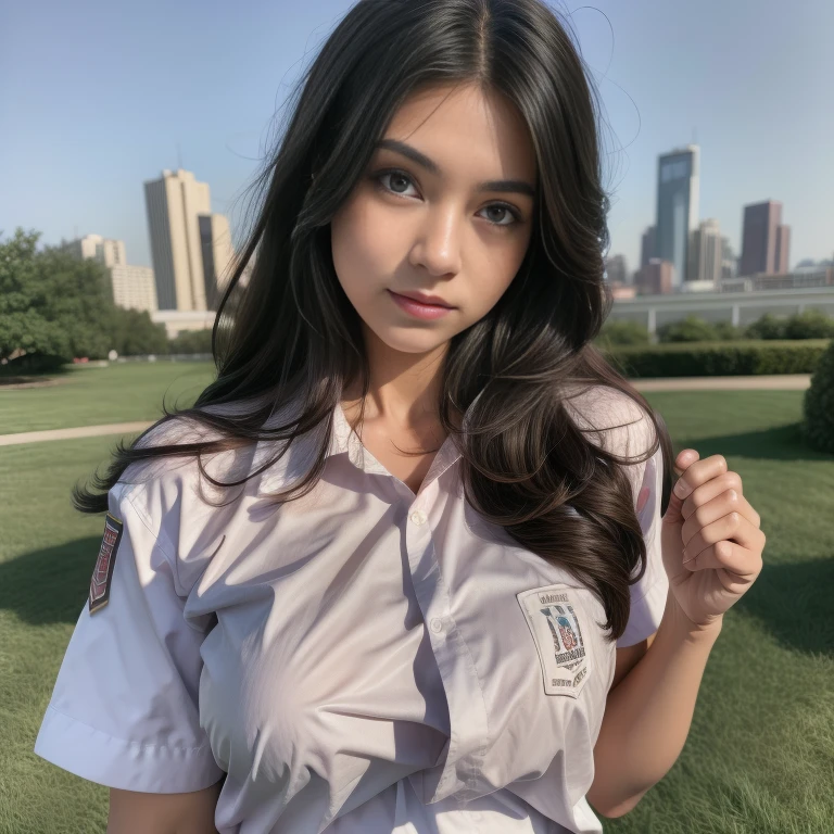 1girl, (uniform), standing, outdoors, detailed Metropolitan city at the background, (above head shot: 1.4), detailed face, detailed eyes, brunette, big breasts, smooth skin, semi-curvy body, white shirt, grey blue hot miniskirt , looking at the audience, Full body shot, (8k, RAW photo, best quality, masterpiece: 1.2), (realistic, realistic: 1.37), ultra-high resolution