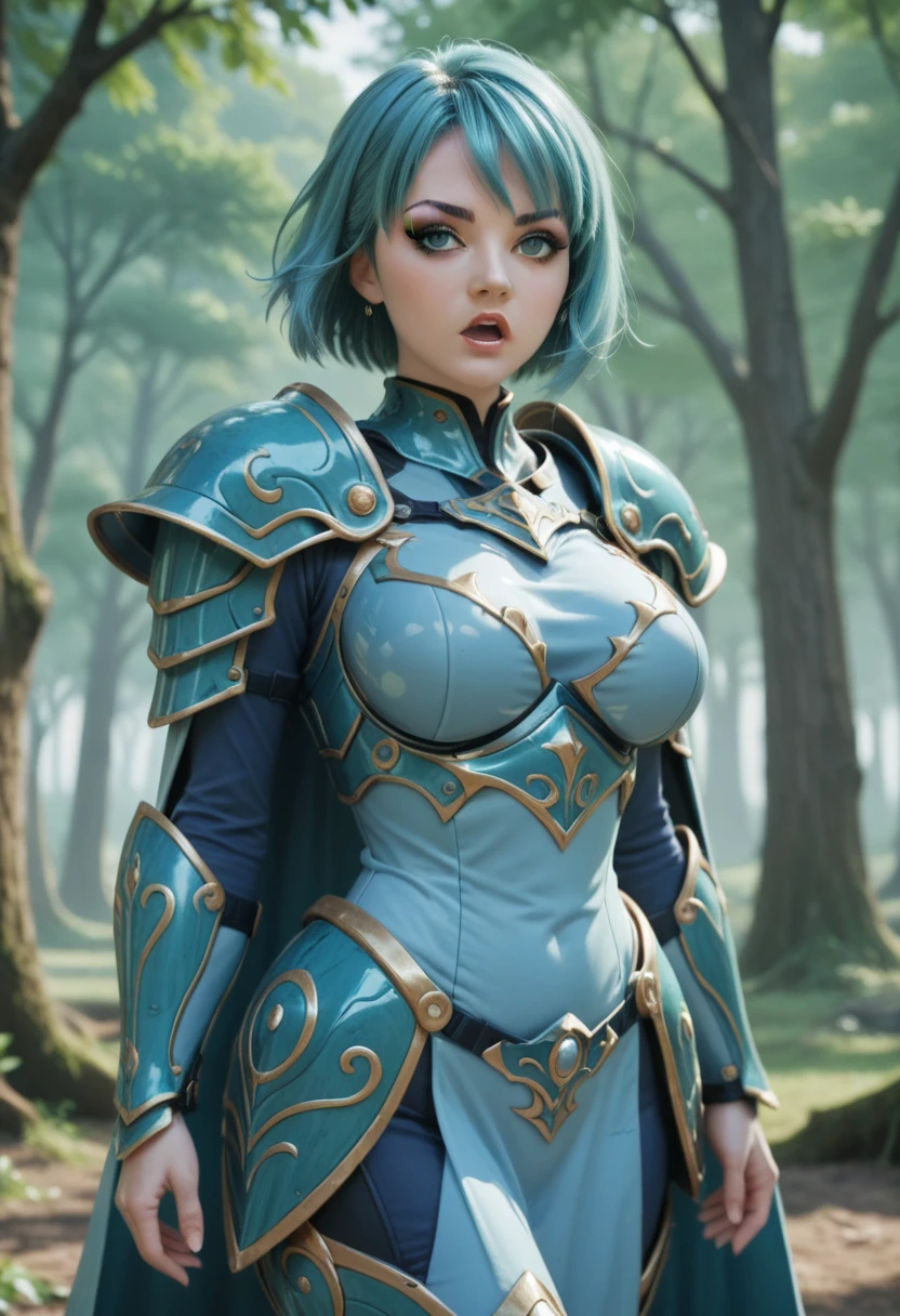 8K,超A high resolution,((Top image quality)), ((masterpiece)), (high-detail:1.3), jeanne d'arc,Blue eyes,Blue-haired shorthair,A MILF,large full breasts,Attention to detail in the decoration of the sexy chest armor,Waist and leg armor,Round shield on the left arm,beautiful expression,enchanted,A sexy,Scenes of armor damage during the war