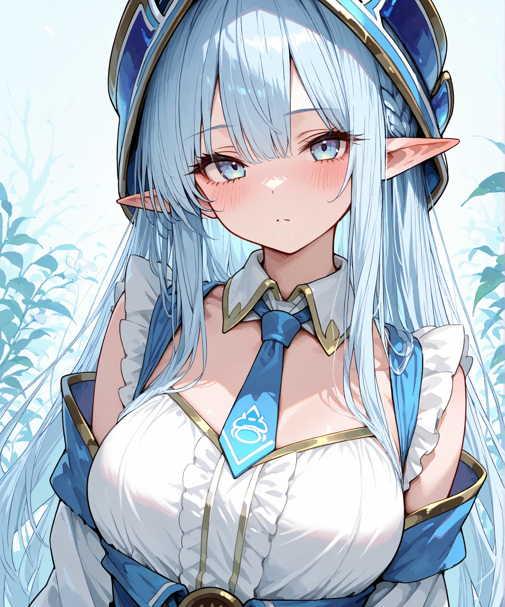 Anime, woman, long hair, pale blue hair, pink eyes, gently, earrings, big boob, wearing a black dress, beautiful, elegant, pure, fantasy, ice, snowflake, snow land, cool, noble, small smiled, fur coat, elf,