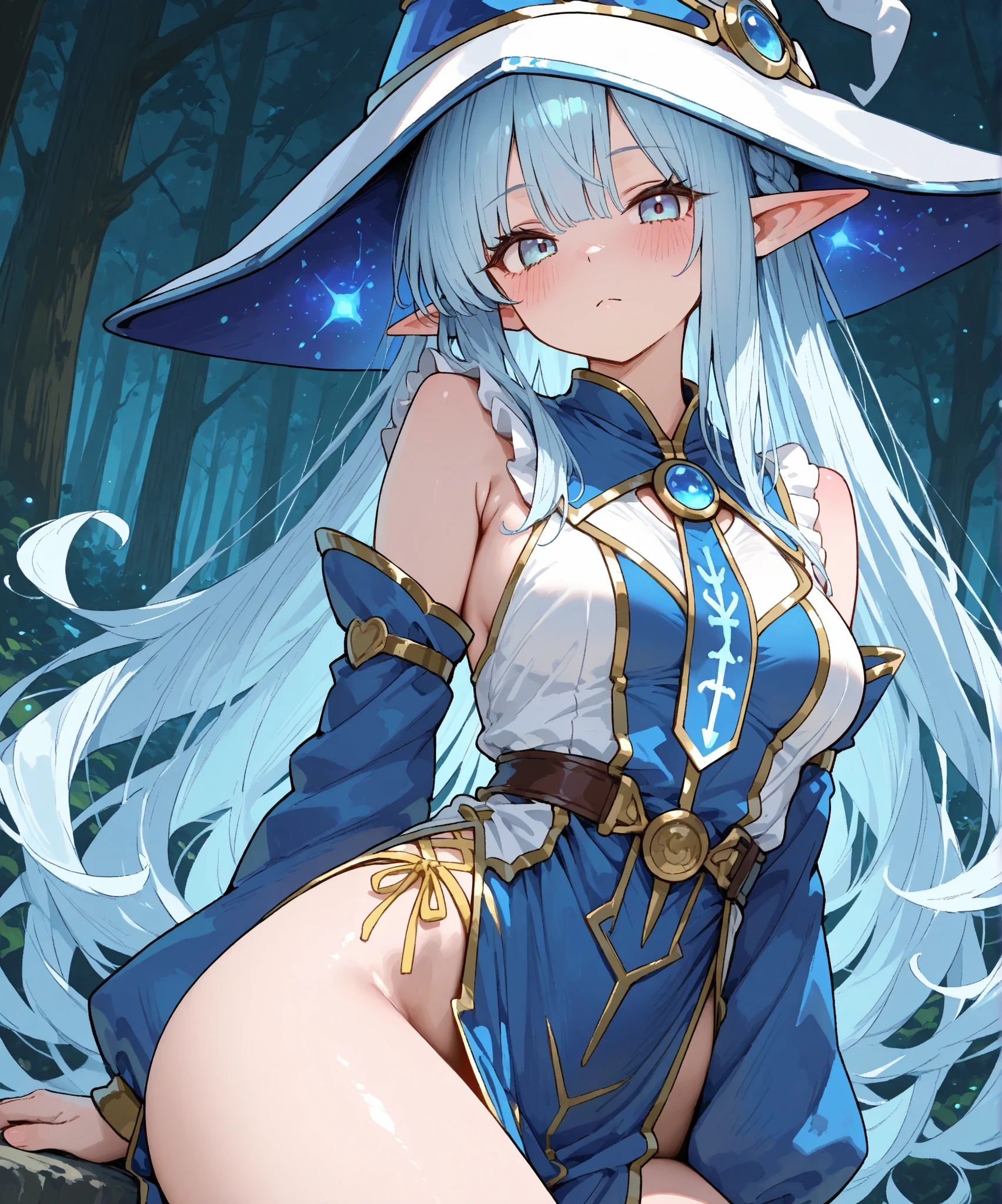 一个Elf女孩,Great Sage,Elf,long ears,large hat,White and pink wizard hat,witch,Gorgeous one-piece underwear,White and pink one-piece swimsuit,High fork,Showing thighs,bare shoulders,Willow Yao