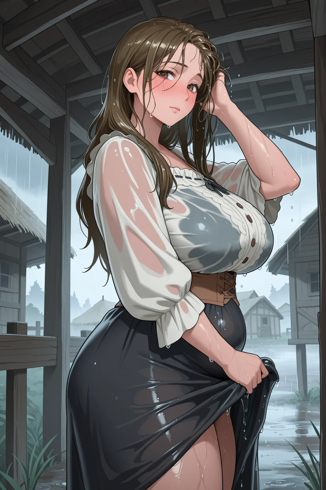 1woman, adult, milf, glance at viewer, blushing, (Potbelly:0.8) , big  , Thick thighs , clothed , village outfit, long-skirt
, rainy , wet long hair , hair dripping wet , (wring out hair) 
, in the village hut
, (visible  bra under clothes:0.5)
, side-view, take shelter