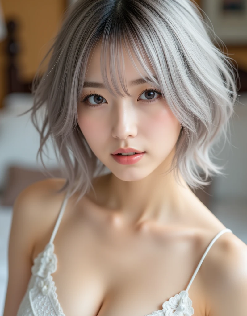 highest quality、8k Masterpiece、超A high resolution、(Photorealistic:1.3)、RAW Photos、1 girl、Silvery white hair、Glowing Skin、1. Open-chested clothing、((Ultra-Realistic Details))、Portrait、Global Illumination、Shadow、Octane Rendering、8k、Super sharp、Beautiful breasts、Bare skin exposed in the cleavage、Metal、Cold colors、、Very intricate details、Realistic Light、CGSoation Trend Beautiful Eyes、Eyes shining at the camera、Neon Details、Korean Idol Girls、Shining light gray eyes、、Small and shapely、Flat chest、