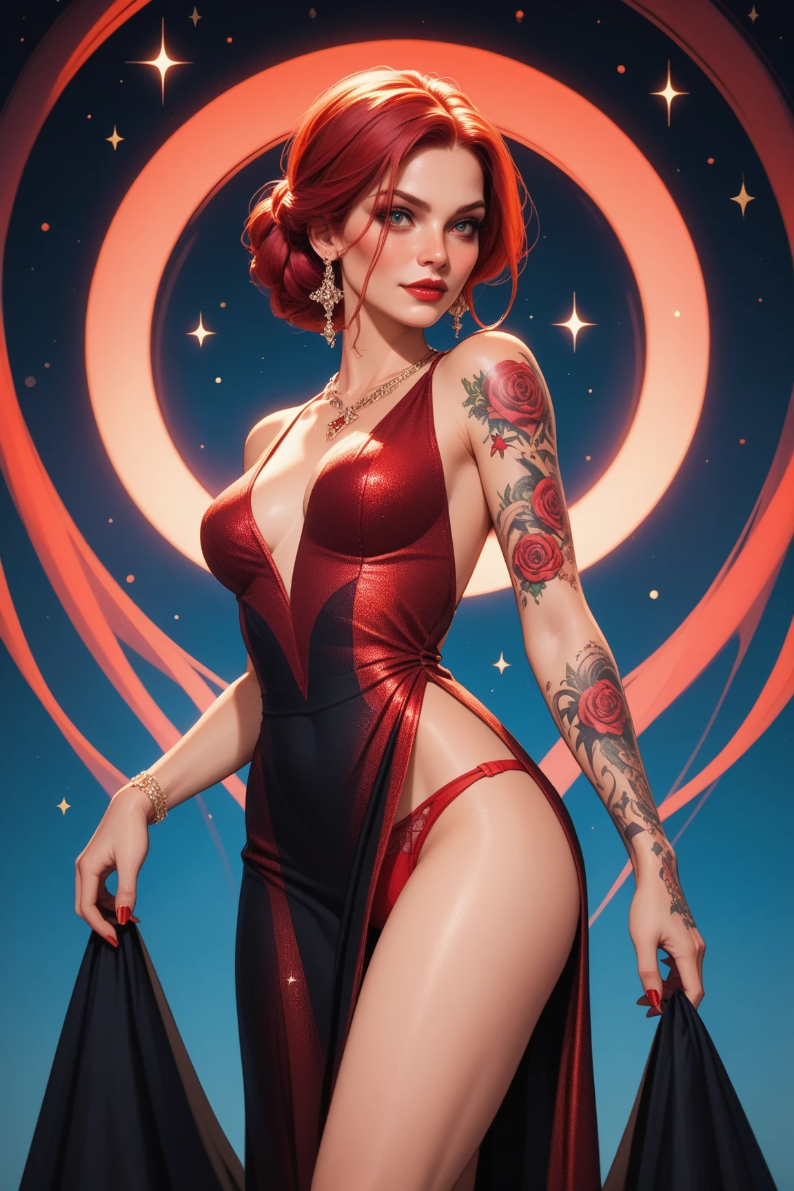 (Top Quality, 16k), Beautiful woman in Art Deco fashion style, Red hair cascading down her back in tight curls, Dancing with an elegant and fluid motion, Gigantic breasts filling out her intricately designed, form-fitting dress, Full body shot revealing the curve of her hourglass figure, Her skin glowing with a soft, warm light, Detailed description of the Art Deco patterns adorning her dress, Ultra-realistic rendering of her red hair, Beaded and sequined accents sparkling in the light, Reflective surfaces of her environment creating a mesmerizing effect, Her expression full of joy and expression, Cheekbones highlighted by the