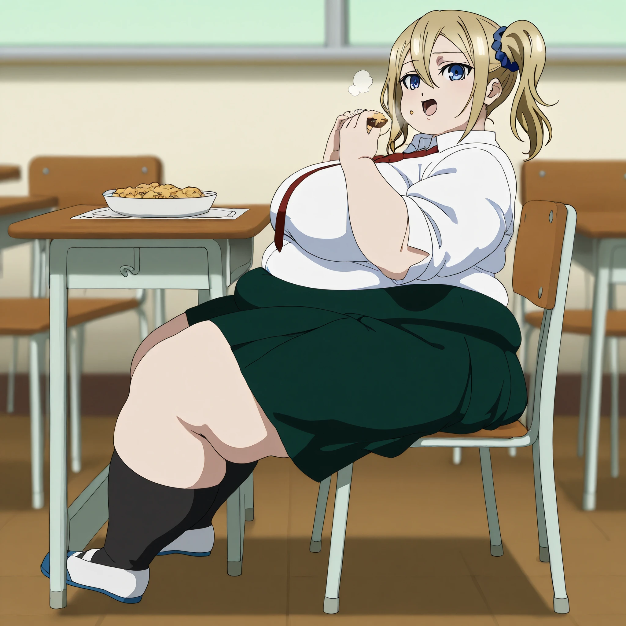 Hayasaka Ai, blond hair, blue eyes, 
High quality ,  best quality , masterpiece,  High Resolution , detailed face(,anatomically correct, detailed hair Style(),anime Coloring
solo, 1 girl
 school uniform, White collar shirt, green skirt, Red tie
looking at viewer ,from side, classroom,chair fat, chubby, obese, gigantic arms and legs, large breasts open mouth, out of breath
smile,open mouth, full body shot,
sitting, in front of tones of food, table, chair, eating food, 
